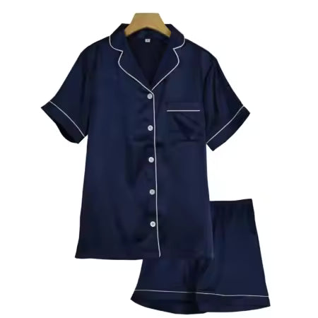 Navy Satin Short Pj Set